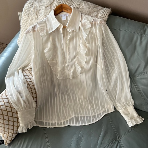 LOFT Tops - Ann Taylor LOFT Ivory Glow METALLIC STRIPE Ruffle V-Neck COLLARED BLOUSE Top 14